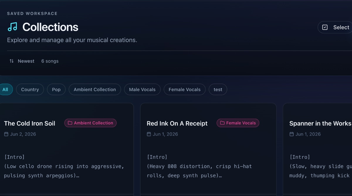 Collections workspace showing saved song projects for collaboration